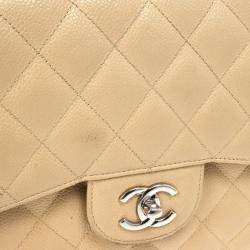 Pre Owned Chanel Beige Caviar Leather Jumbo Classic Flap Bag