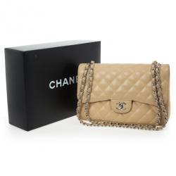 Pre Owned Chanel Beige Caviar Leather Jumbo Classic Flap Bag