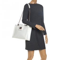 Pre Owned Chanel Off White Patent Leather Reverso Boy Tote