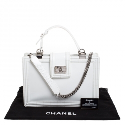 Pre Owned Chanel Off White Patent Leather Reverso Boy Tote