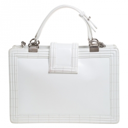 Pre Owned Chanel Off White Patent Leather Reverso Boy Tote