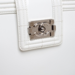 Pre Owned Chanel Off White Patent Leather Reverso Boy Tote