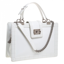Pre Owned Chanel Off White Patent Leather Reverso Boy Tote