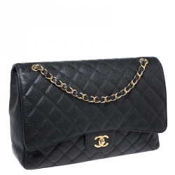 Pre Owned حقيبة شانيل ماكسي كلاسيك جلد كافيار أسود مبطن بقلاب