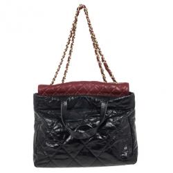 مملوكة مسبقًا Chanel Black Glazed Distressed Leather Burgundy Lambskin Portobello Large Tote Bag