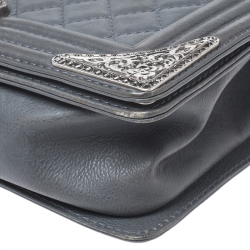 Pre Owned Chanel Grey Quilted Leather Medium Boy Flap Bag