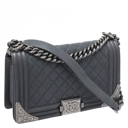 Pre Owned Chanel Grey Quilted Leather Medium Boy Flap Bag