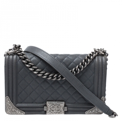 Pre Owned Chanel Grey Quilted Leather Medium Boy Flap Bag