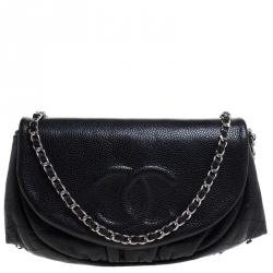 Chanel Black Quilted Caviar Leather Half Moon Wallet On Chain