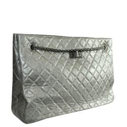 Pre Owned Chanel Grey Quited Leather Metallic Reissue Tote Bag