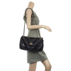 Pre Owned Chanel Black Chevron Suede and Leather Flap Bag