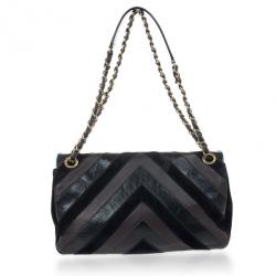 Pre Owned Chanel Black Chevron Suede and Leather Flap Bag