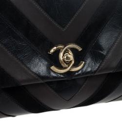 Pre Owned Chanel Black Chevron Suede and Leather Flap Bag