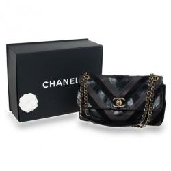 Pre Owned Chanel Black Chevron Suede and Leather Flap Bag