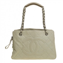 Pre Owned Chanel Off White Quilted Caviar Leather Timeless Shopper Tote
