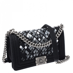 Pre Owned حقيبة شانيل موسايك بوي صوف سوداء مبطنة متوسطة بقلاب