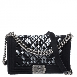 Pre Owned حقيبة شانيل موسايك بوي صوف سوداء مبطنة متوسطة بقلاب