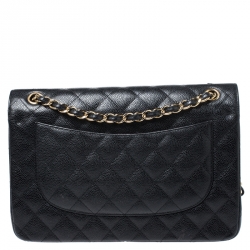 Pre Owned حقيبة شانيل جامبو كلاسيك جلد كافيار أسود مبطن بقلاب مزدوج
