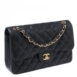 Pre Owned حقيبة شانيل جامبو كلاسيك جلد كافيار أسود مبطن بقلاب مزدوج