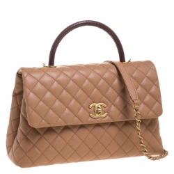 Pre Owned Chanel Beige/Maroon Caviar Leather and Lizard Medium Coco Top Handle Bag