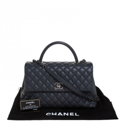 Pre Owned Chanel Grey Quilted Caviar Leather Large Quilted Coco Top Handle Bag