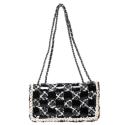 Pre Owned Chanel Black/White Chessboard Tweed and Patent Leather Classic Flap Bag
