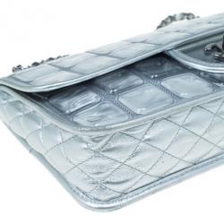 Pre Owned Chanel Silver Leather Ice Cube Limited Edition Flap Bag