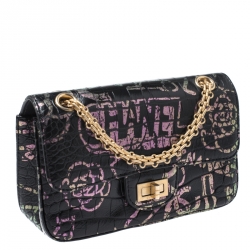 Pre Owned Chanel Black Graffiti Croc Embossed Leather Reissue 2.55 Classic 224 Flap Bag