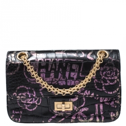 Pre Owned Chanel Black Graffiti Croc Embossed Leather Reissue 2.55 Classic 224 Flap Bag