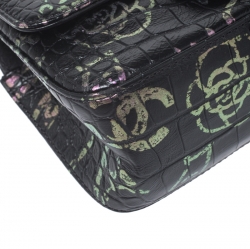 Pre Owned Chanel Black Graffiti Croc Embossed Leather Reissue 2.55 Classic 224 Flap Bag