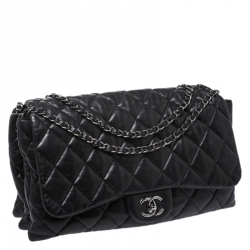 Pre Owned Chanel Black Soft Leather Maxi Accordion Flap Bag