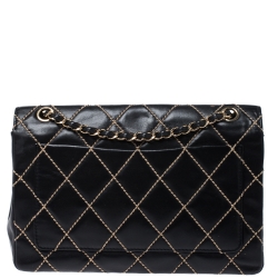 Pre Owned Chanel Black Quilted Leather Wild Stitch Surpique Flap Bag