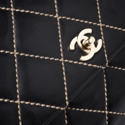 Pre Owned Chanel Black Quilted Leather Wild Stitch Surpique Flap Bag