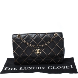 Pre Owned Chanel Black Quilted Leather Wild Stitch Surpique Flap Bag