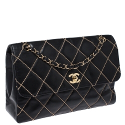 Pre Owned Chanel Black Quilted Leather Wild Stitch Surpique Flap Bag