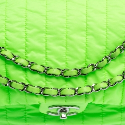 Pre Owned Chanel Neon Green Vertical Quilted Nylon Flap Bag