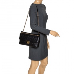 Pre Owned Chanel Black Quilted Leather Retro Clasp Flap Bag