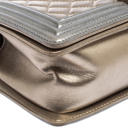 Pre Owned Chanel Gold/Grey Quilted Leather Medium Boy Flap Bag