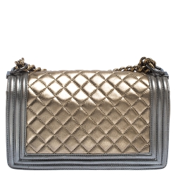 Pre Owned Chanel Gold/Grey Quilted Leather Medium Boy Flap Bag