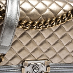 Pre Owned Chanel Gold/Grey Quilted Leather Medium Boy Flap Bag