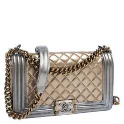 Pre Owned Chanel Gold/Grey Quilted Leather Medium Boy Flap Bag