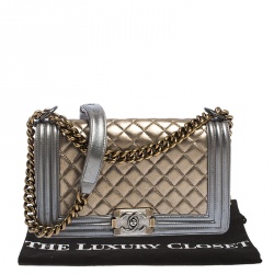 Pre Owned Chanel Gold/Grey Quilted Leather Medium Boy Flap Bag