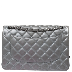 Chanel Silver Quilted Leather Jumbo Classic Double Flap Bag