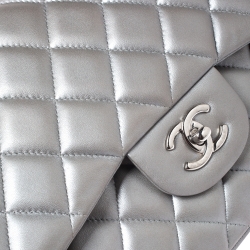 Chanel Silver Quilted Leather Jumbo Classic Double Flap Bag