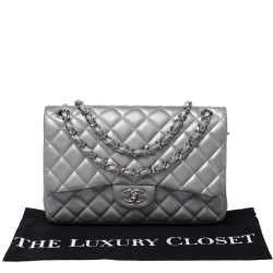 Chanel Silver Quilted Leather Jumbo Classic Double Flap Bag