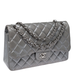 Chanel Silver Quilted Leather Jumbo Classic Double Flap Bag