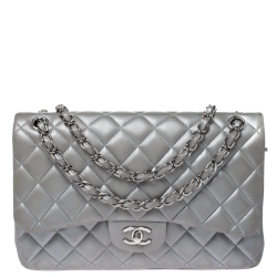 Chanel Silver Quilted Leather Jumbo Classic Double Flap Bag