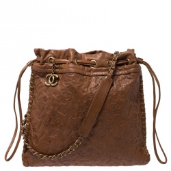 Pre Owned Chanel Brown Floral Embossed Leather Drawstring Bag