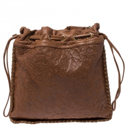 Pre Owned Chanel Brown Floral Embossed Leather Drawstring Bag