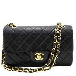 Pre Owned Chanel Black Quilted Lambskin Leather Classic Medium Double Flap Chain Shoulder Bag 